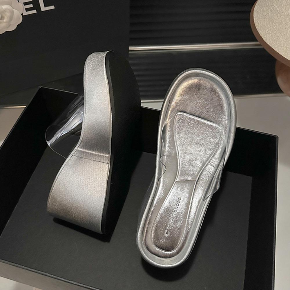 Fashion Women's Outdoor Slippers 2025 New Summer Slope Heel Beach Slippers Transparent Strap High Heel Thick Bottom Straight Sandals