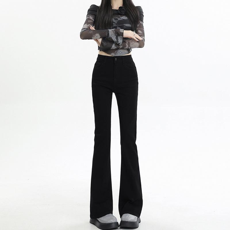 

2025 Women s High Waist Black Flared Jeans: Elastic Slim Fit for Spring & Autumn L