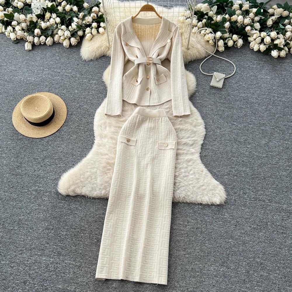 Autumn Winter Women Designer Knitted Sweater Two Piece Set Blazer Collar Cardigans Coat and Long Maxi Sheath Skirt Outfits With Belt