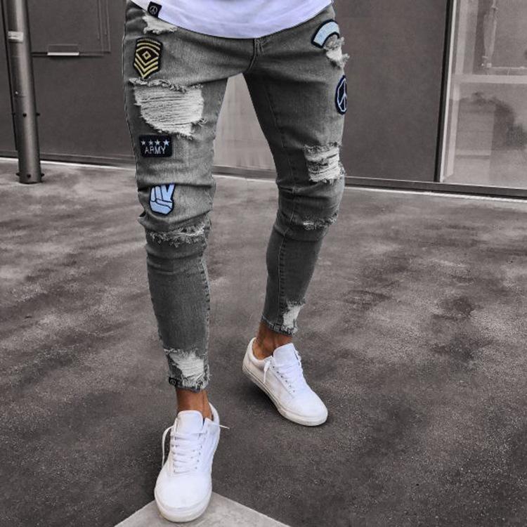 Broken Hole Zipper Small Leg Jeans 