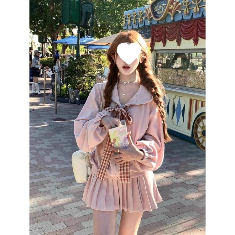 Korean-Style Autumn 2025 Hooded Sweatshirt  High-Waisted Pleated Skirt Set M