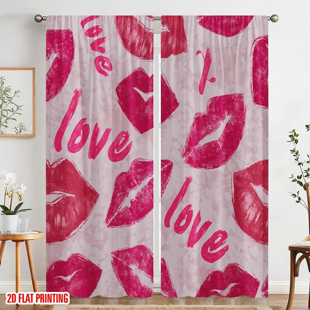 2pcs,2D plane printing Creative Curtains Pink Lips and Hearts Polyester Fabric (without rod) Versatile All Perfect for Bedroom,