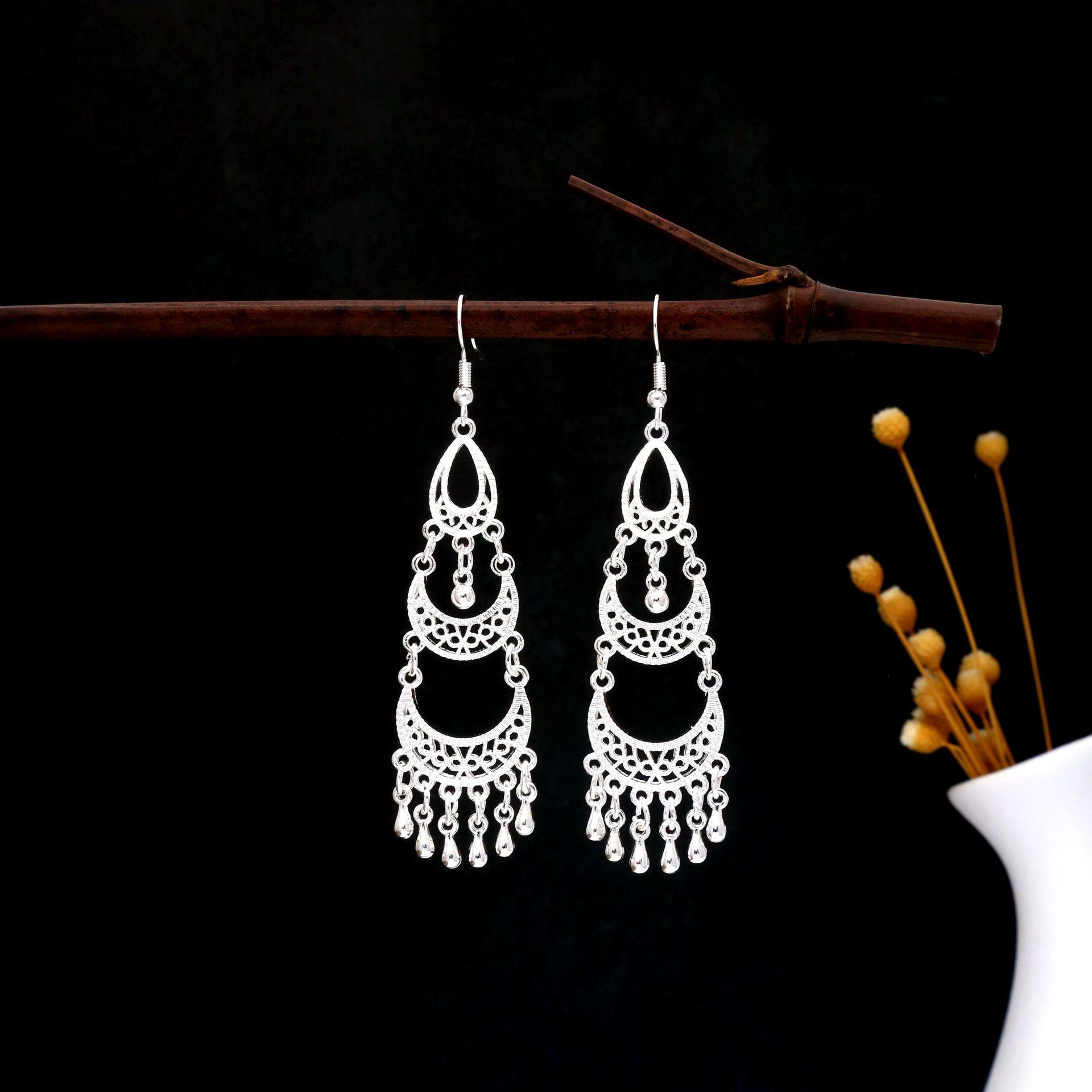Miao Ethnic Silver Tassel Earrings: Retro Hollow Long Dangle Hanfu Accessories for Women