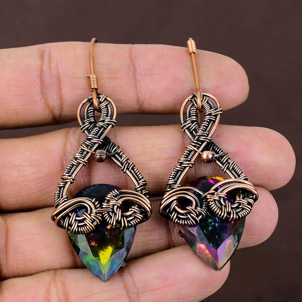Mystic Topaz Handmade Copper Wire Wrap Jewelry Earring 2.68 H6D33