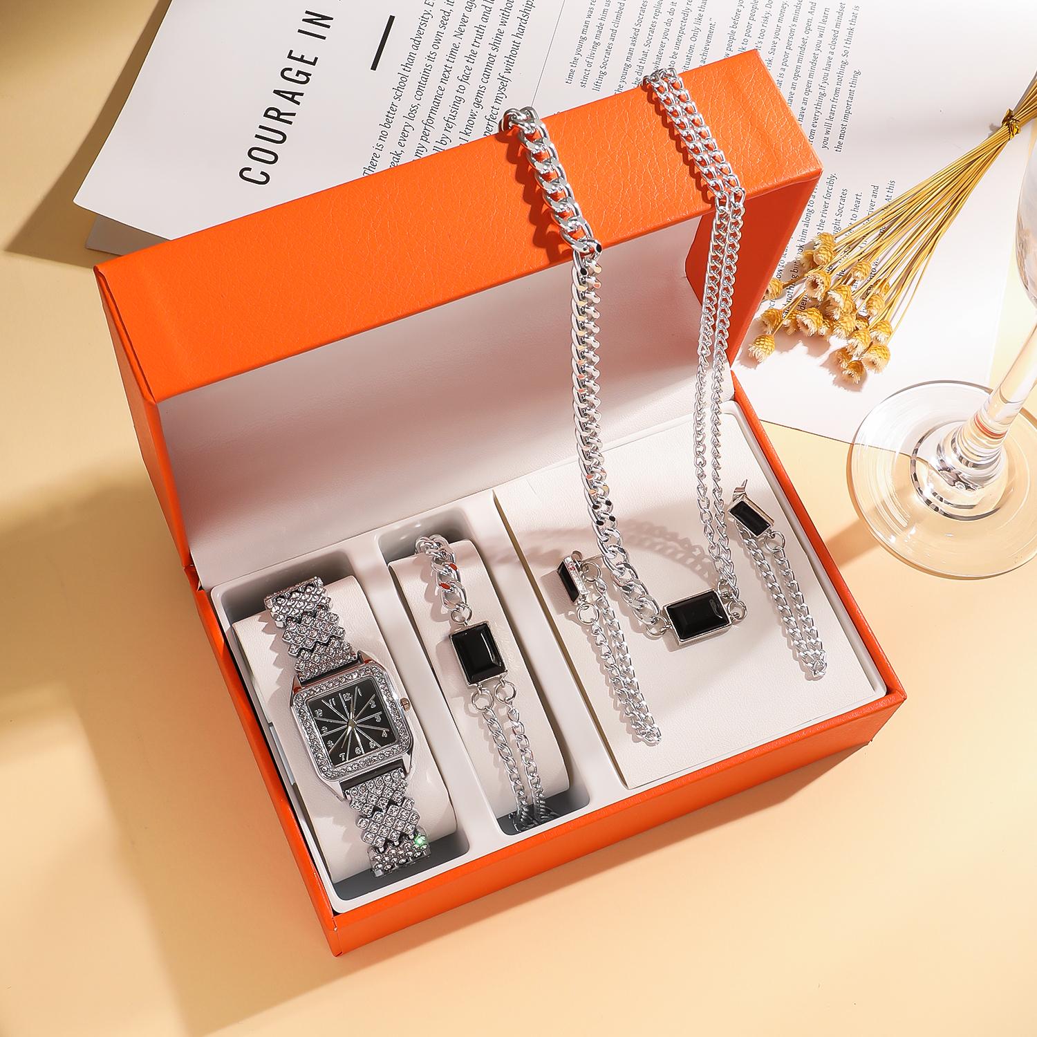 

Non gift box cross-border hip-hop full diamond square dial alloy women s watch with accessories four piece set серебряный