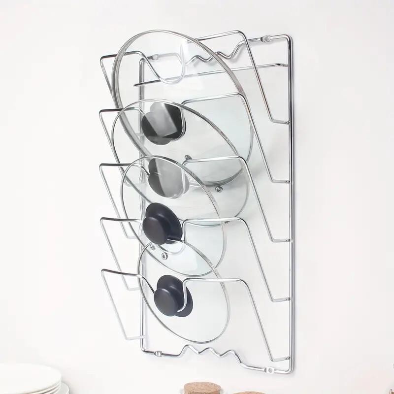 Punch-Free Wall-Mounted Kitchen Storage Rack: Multi-Tier Pot Lid and Cutting Board Organizer