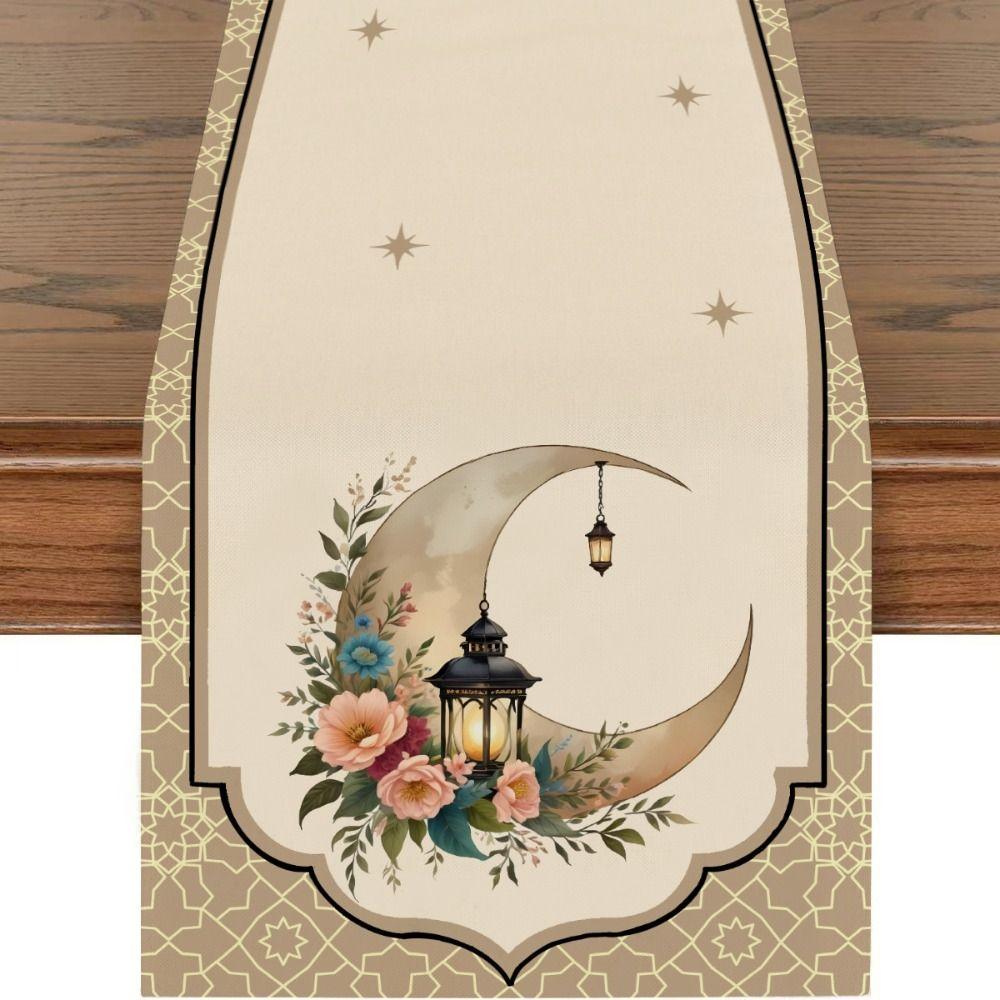 Golden Lantern Ramadan Table Runner White Moon Star Polyester Eid Mubarak Tablecloth Eid Al Fitr Dining Table Decoration