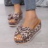 European and American Foreign Trade Large Size Bow Thick-soled Slippers Female Leopard Print Cloth Surface One-character Slope Heel Cool Slippers Fema