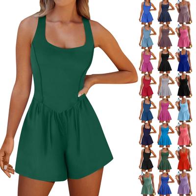 Womens Solid Color Sports Rompers Built In Shorts Casual Jumpsuit Workout Athletic Romper