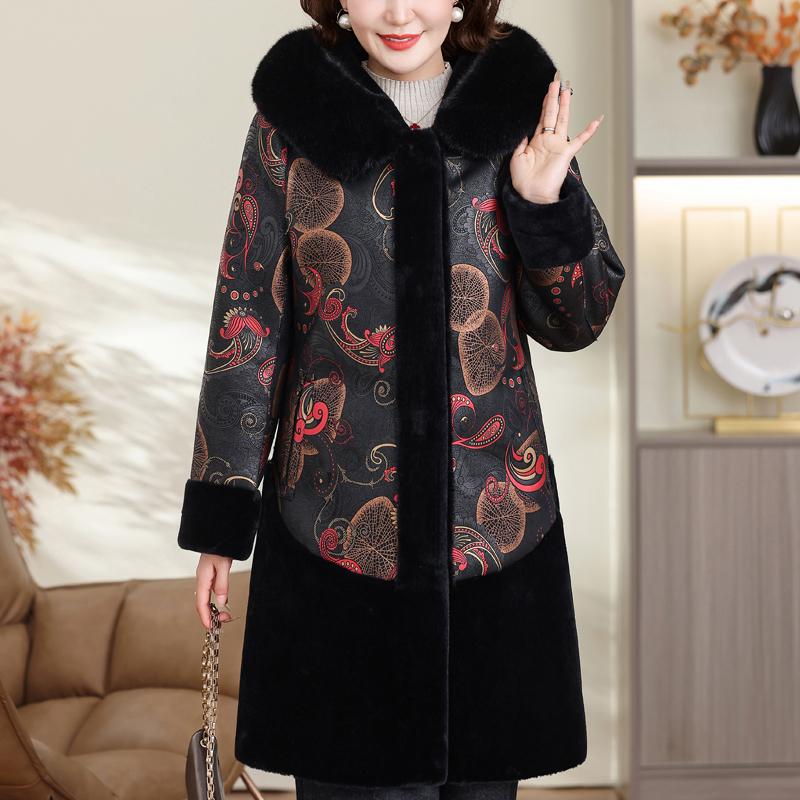 Nositelný z obou stran Dámský dlouhý kabát z umělé kožešiny pro ženy středního věku ve velkých velikostech Zimní svrchní oděv s kapucí Elegantní Hřejivá silná kožešinová bunda pro ženy Oblečení