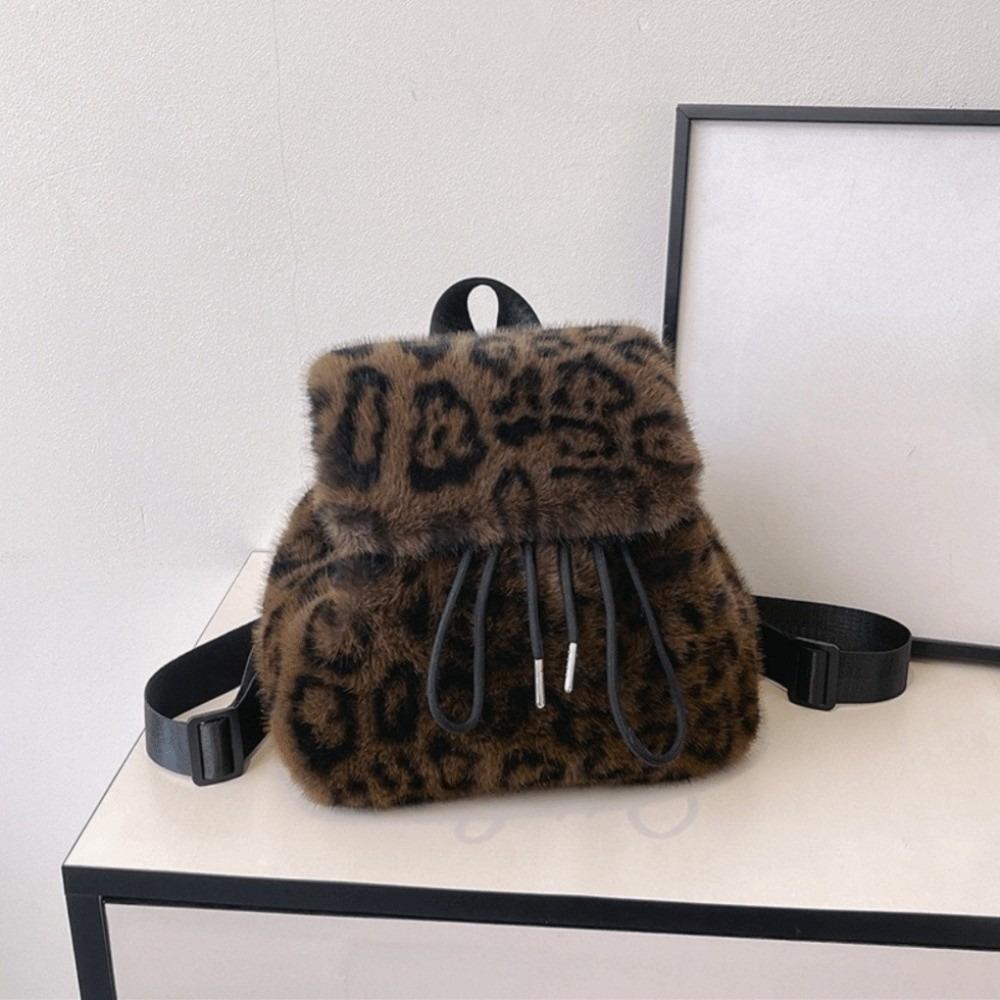 Drawstring Faux Fur Backpack Large Capacity Plush Knapsack Soft Leopard Print Daypack Girl