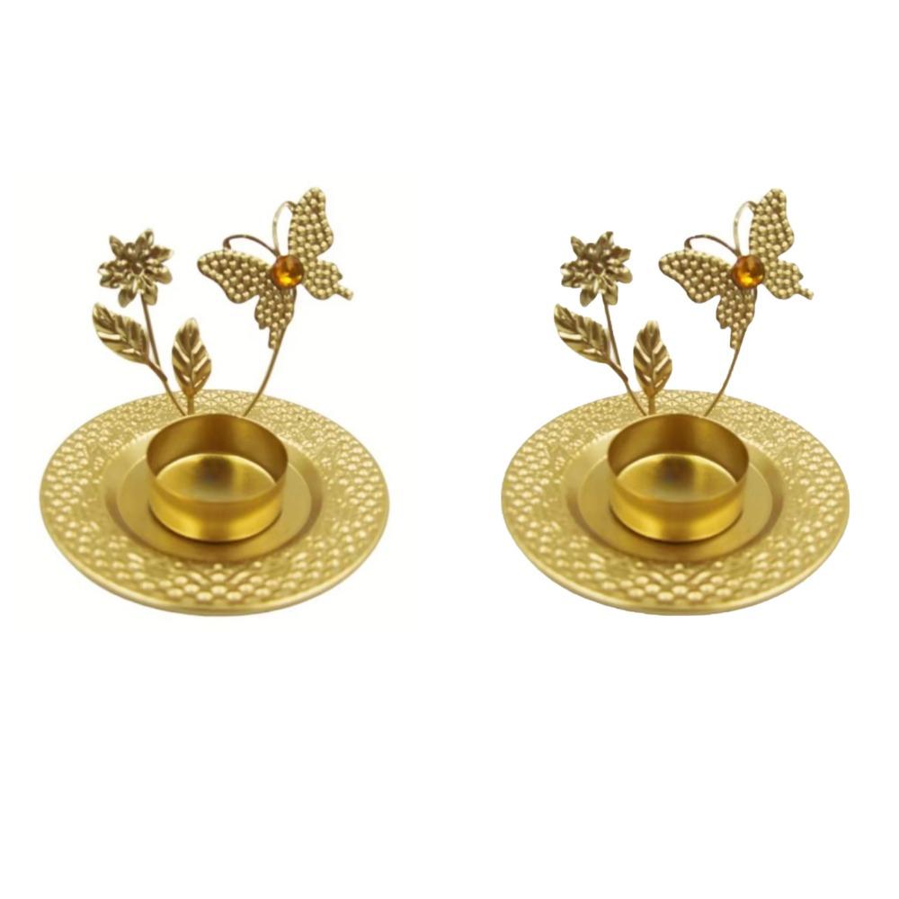 2 Pcs Exquisite Leaf Candlestick Stand Gold Iron Candle Holder Plant Shape Candlestick  Desktop