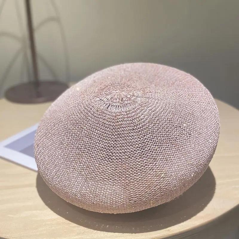 Female Silver Gold Sequins Hollowed Out Adjustable Berets Round Street Summer Breathable Style Beret Cap