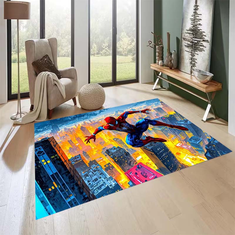 New custom-designed, cool Spider-Man rugs are available for your entryway, bathroom, and bedroom – featuring a spiderweb pattern