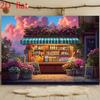 2D Sunset Town Backdrop Charming Street Flower Shop with Pink Clouds and Colorful Blooms Background
