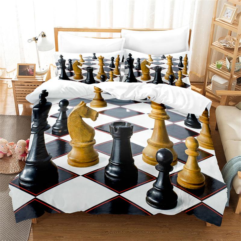International Chess Duvet Cover Set Black White Lattice Checkerboard Comforter Cover Competition Game for Kids Teens Bedding Set