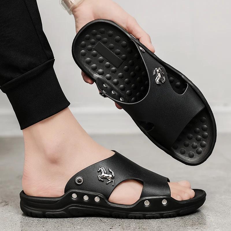 Fashion Shoes for Men Leather Summer Men Leather Slides Slippers Plus Size Casual Shoes Outdoor Beach Black Soft Sandals Flat New Fashio