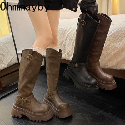 Winter Platform Thick Heel Woman Knight High Boots Fashion Belt Buckle Shoes Female Punk Vintage Long Booties  De Muje