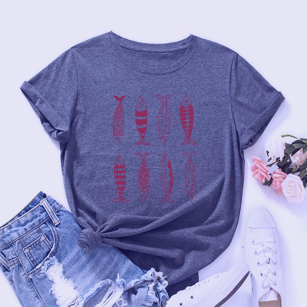 Cotton T-Shirt Short Sleeve Round Neck Women 2d Print Tops