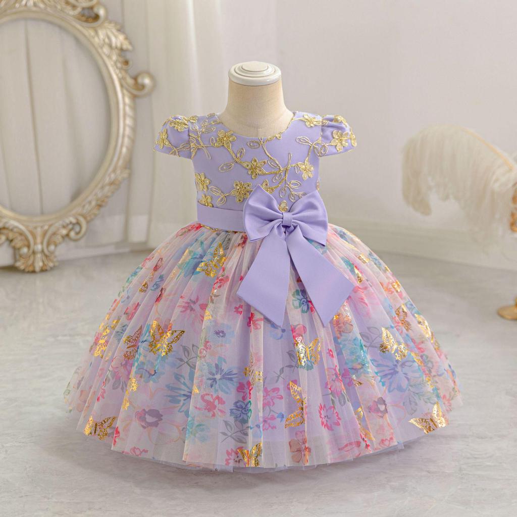 Girls' Puff Tulle Princess Dress with Bowknot for Birthdays & Events