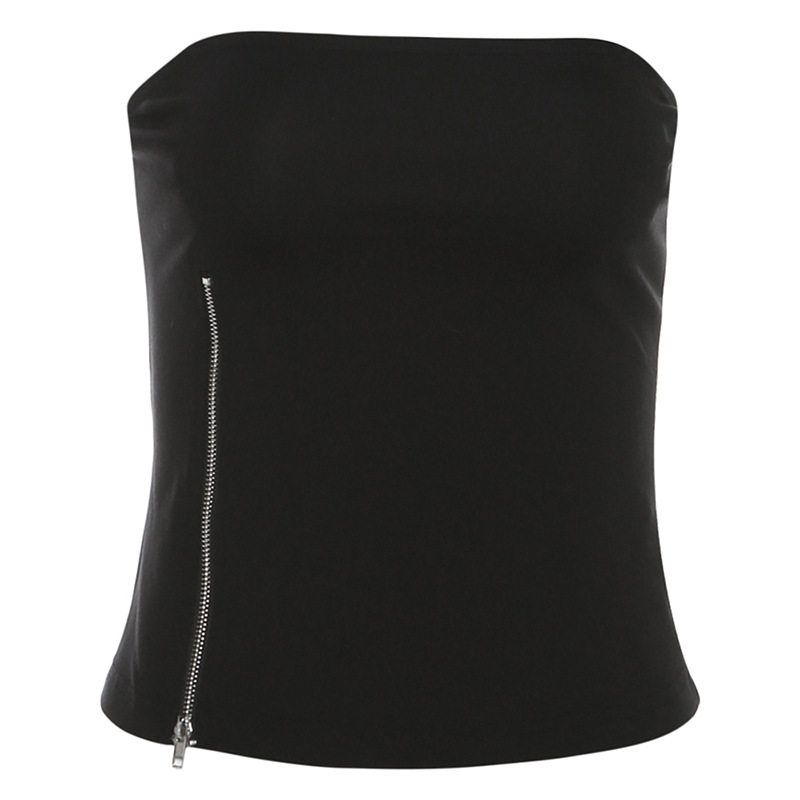 Cross-Border 2024 Summer New Women s Fashion Black Sexy One-Shoulder Strapless Zipper Short Outerwear Slimming Tank Top Black S