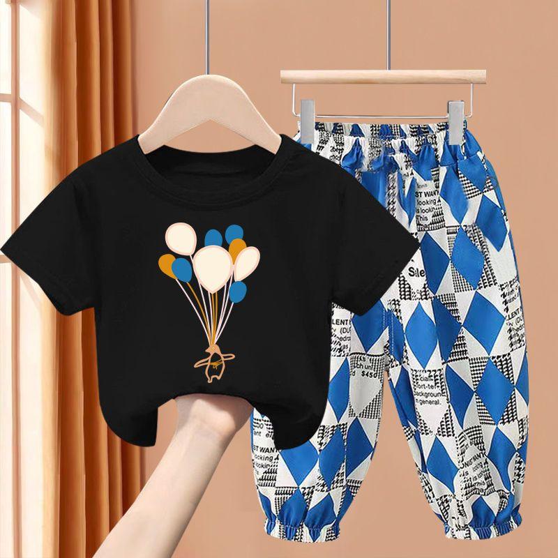 New Boys' Short Sleeve Set Medium and Small Girls' T-shirt Two Piece Set