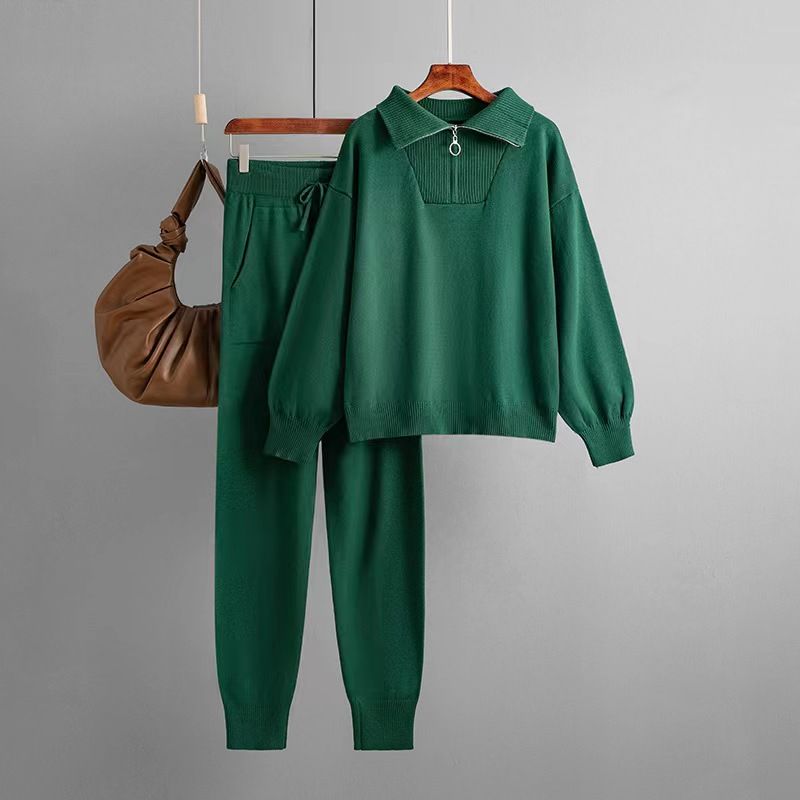 

Western Style Loose Zip-up Lapel Knit sweater Pants set Knitted Sweater Pants Set Green One size