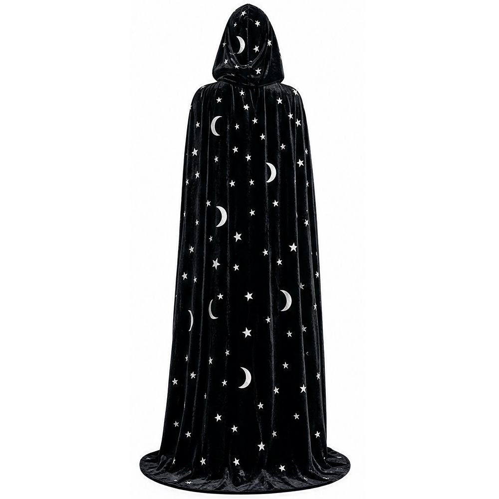 Halloweenový čarodějnický plášť s kapucí, sametový dlouhý plášť s potiskem hvězd a měsíce, renesanční středověký maškarní kostým, dámské oblečení