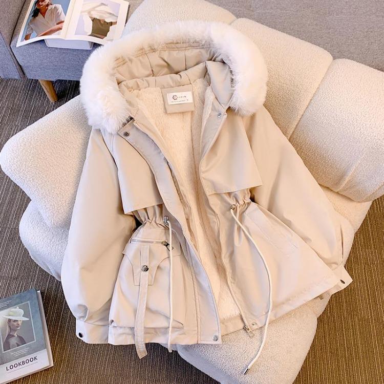 Women Warm Chic Parka Coat Autumn Winter Long Sleeve Solid Color Fur Collar Hooded Drawstring
