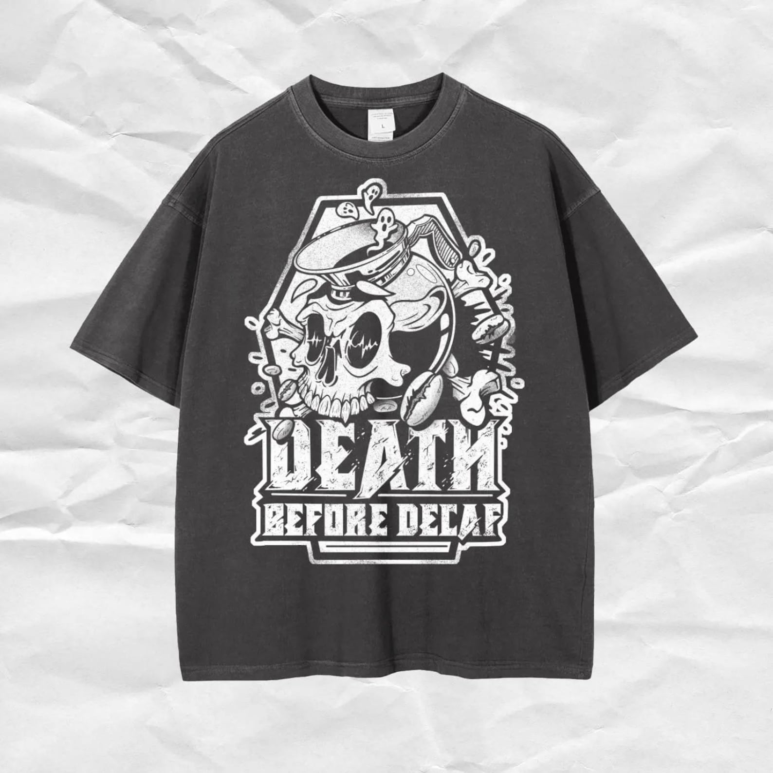 Death Before Decaf Oversized T-Shirt – Grunge Coffee Skull Graphic 2XL