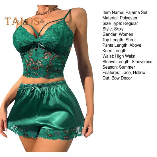 2 ks/sada Dámské pyžamové soupravy s vyhloubenou krajkou, výstřihem do V, bez rukávů, triko s vysokým pasem saténové šortky Domů Dovolená Valentines Day Anniversary