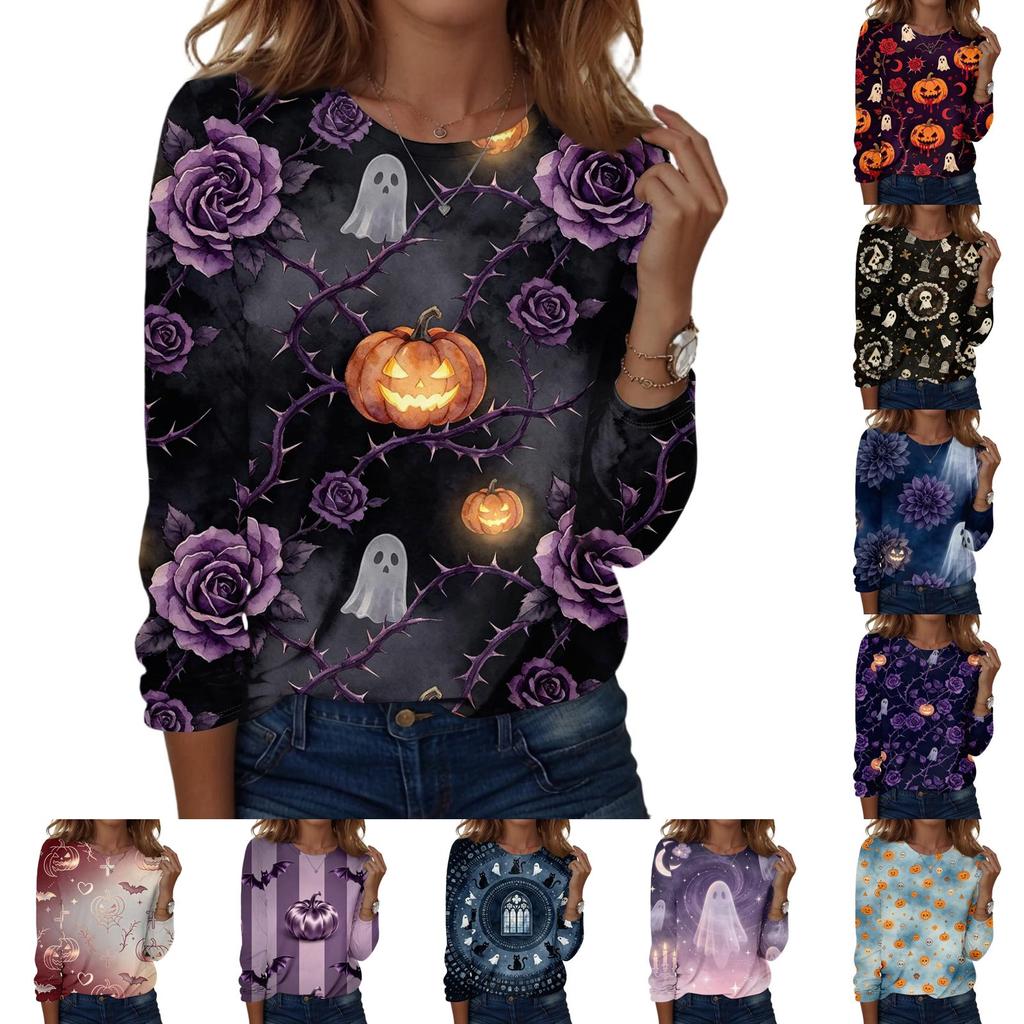 Women's Long Sleeve Halloween Print Neck Casual Top for Fall Festivities