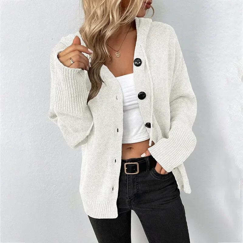 Women Knit Hooded Sweater Coat Single Breasted Thick Cardigan Solid Casual Splice Jumpers Full Sleeve Cardigans
