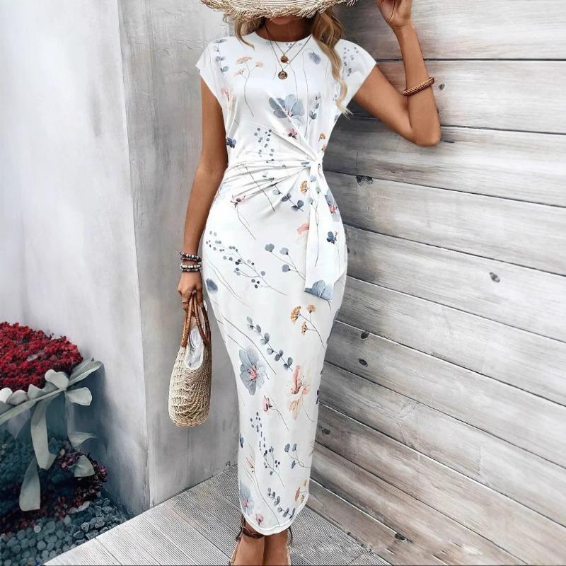 Damen Sommer Temperament Elegant Taille Binden Streifen Rundhals Kurzarm Lange Kleider