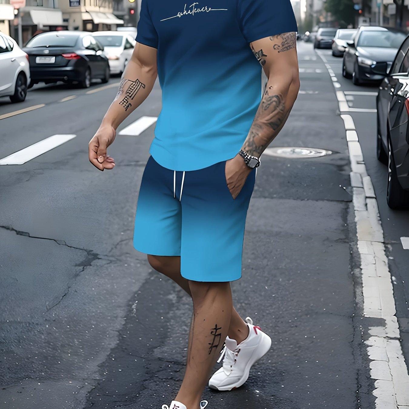 

Мужской комплект из двух предметов с градиентным летним принтом алфавита, мужская футболка с круглым вырезом с короткими рукавами и шорты на шнурке с карманами 6XL