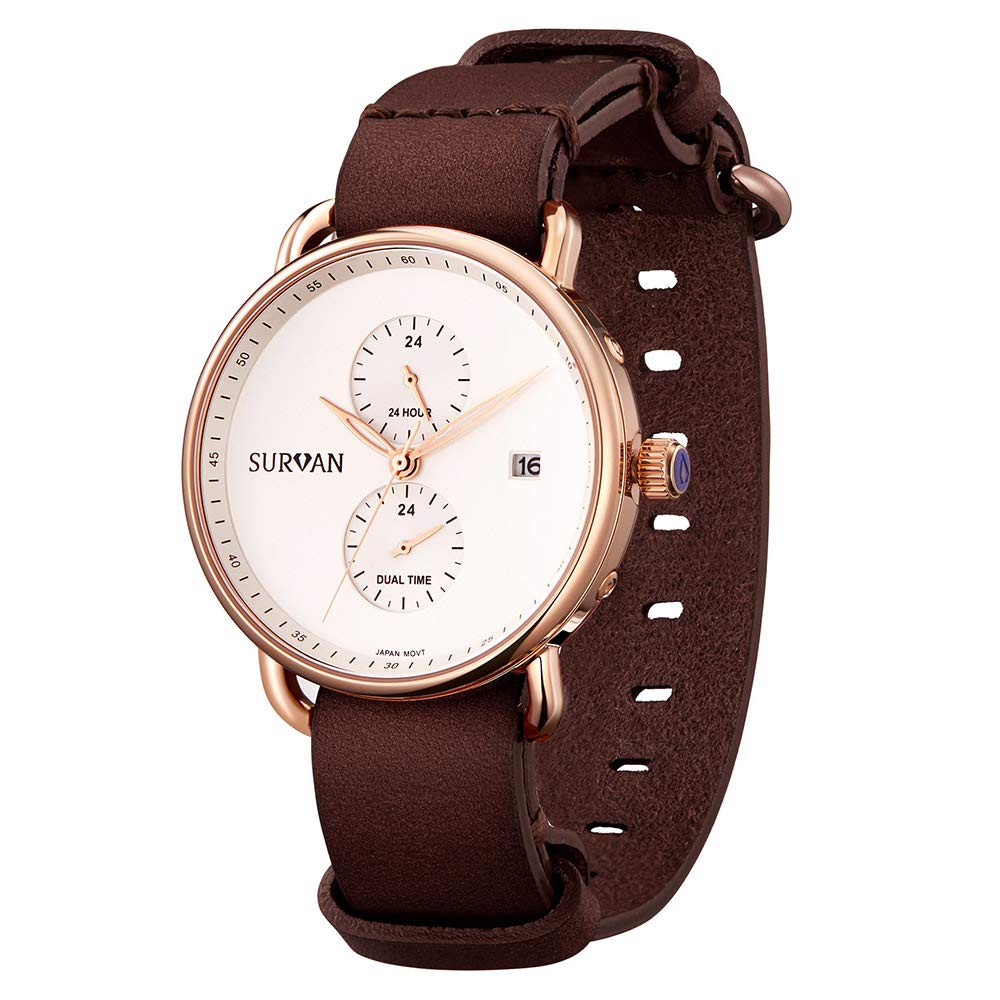 Montre analogique à quartz pour homme SURVAN Cadran blanc Bracelet en cuir véritable marron châtaigne Cristal saphir Étanche 50M