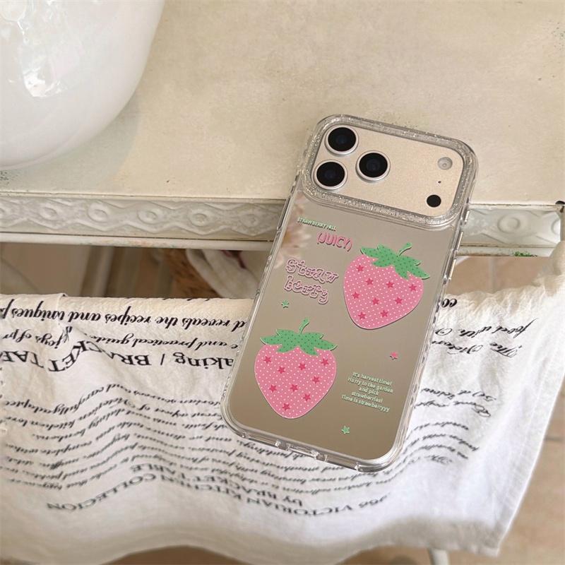 New 2026 Mirror Surface Pink Polka Dot Strawberry Phone Case For iPhone 17 Pro 16 15 14 17 Pro Max Shockproof Cover Girl