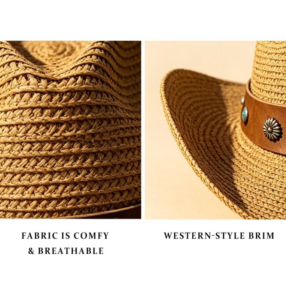 Straw Hat Women's Beach Sunscreen Straw Hat Men's Western Cowboy Hat Retro Solid Color Sunshade Hat