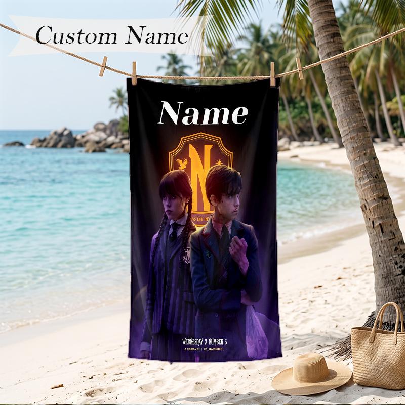 Wednesday Custom Name Printed Beach Towel Personalized Soft Towel For Swimming Beach Travel