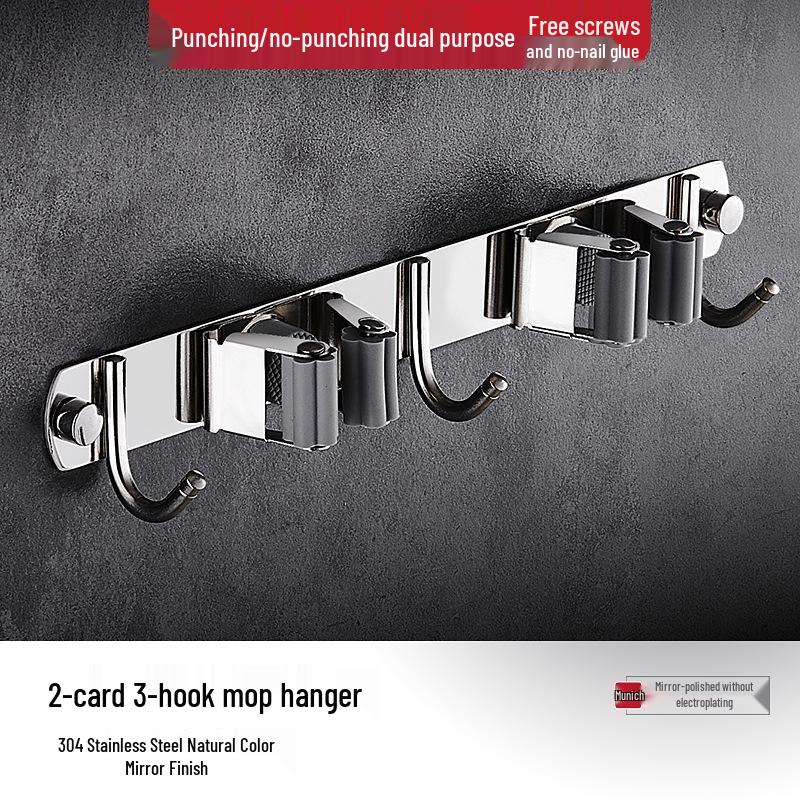 No-Drill Stainless Steel Mop & Broom Holder - Strong Adhesive Wall-Mounted Hook