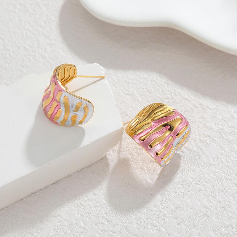 C-Form Unregelmäßige Linie Tropföl Ohrringe, 18 Karat Gold, Colorblock, Elegant & Vielseitig für Damen