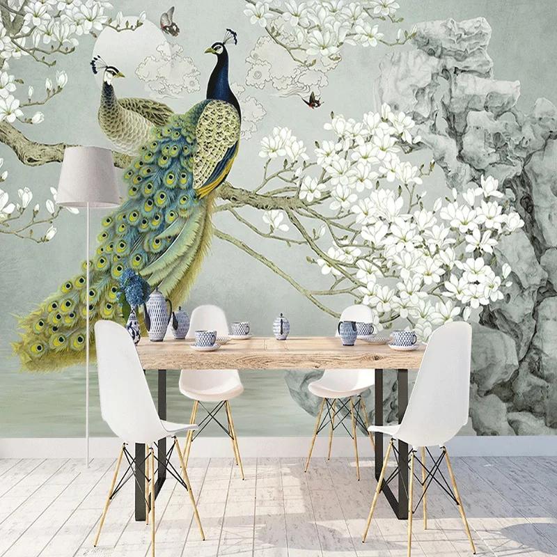 Veggmaleri Tapet 3D Peacock Magnolia Blomster Veggmaleri Stue Studiebakgrunn Hjemmeinnredning