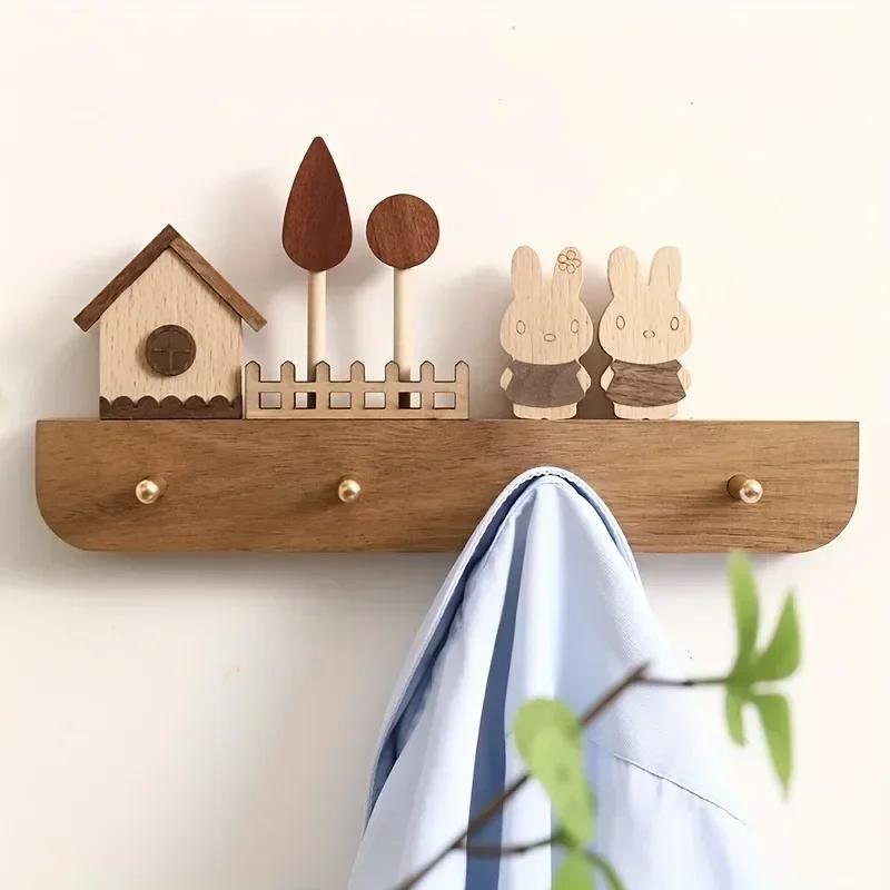 Handcrafted Wooden Key Hook Set with Cute Rabbit Figurines - Wall Mounted, Polished, and Stylish for Your Entryway