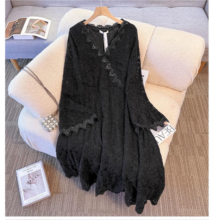 Plus Size Women's French Lace Dress, Long Sleeve, Waist-Cinched, Elegant and Slimming, Fits 130-300 Jin