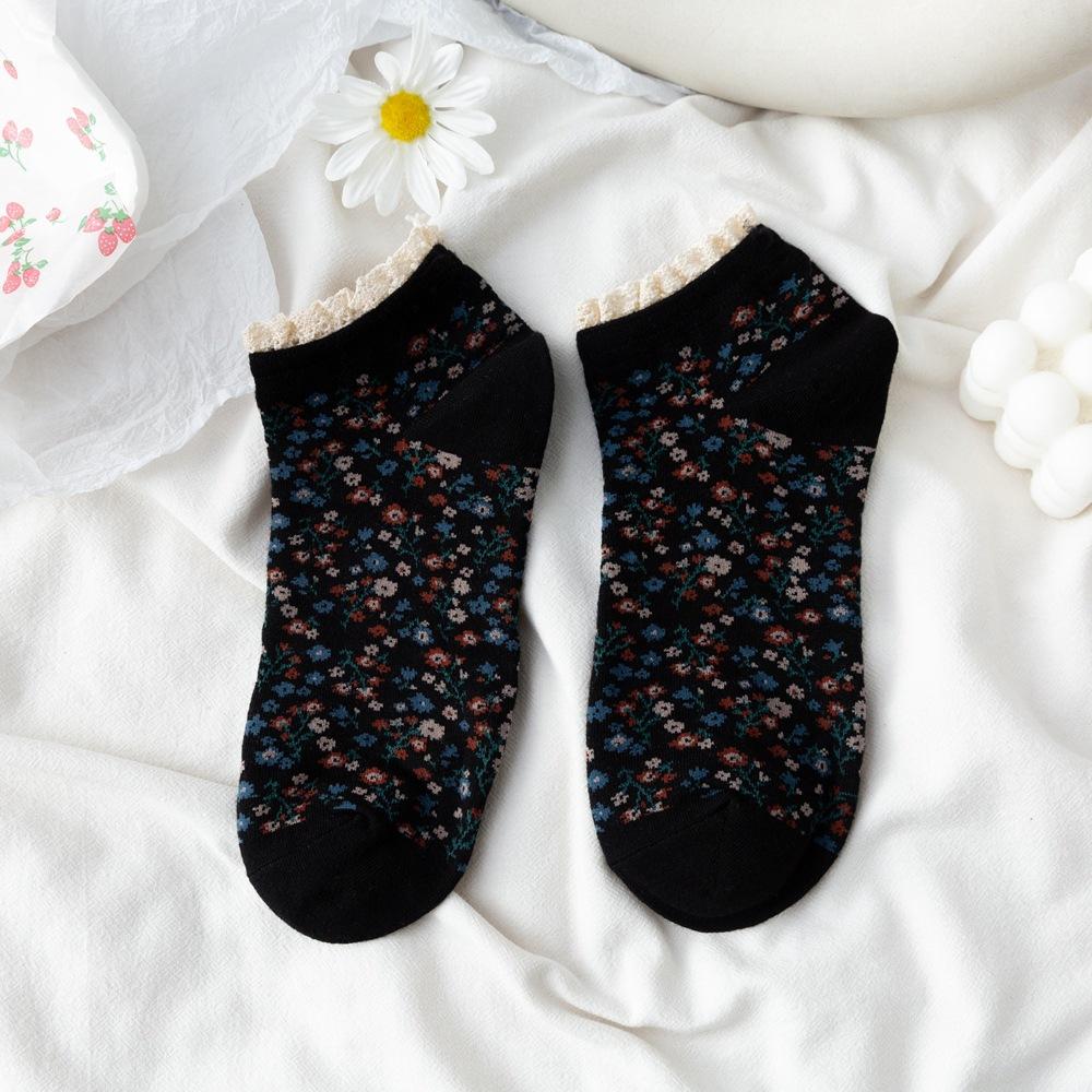 New Curly Lace Cotton Cute Fresh Retro Small Floral Prairie Chic Lovely Princess Short Ankle Socks Mori Girl Style