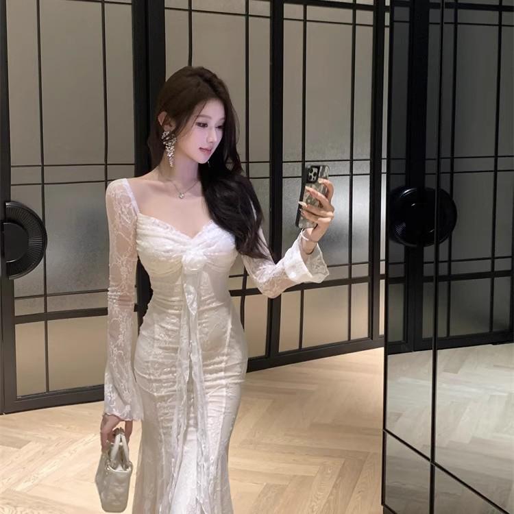 2026 French 3D Floral Ribbon Long Sleeve Lace Slimming Fishtail Formal Dress for Women