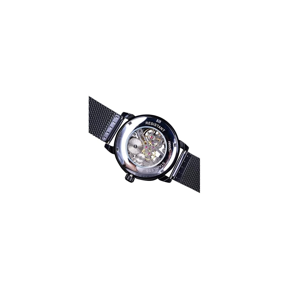 Forsining Men's Minimalist Retro Design Skeleton Watch Black with Transparent Business Mesh Band