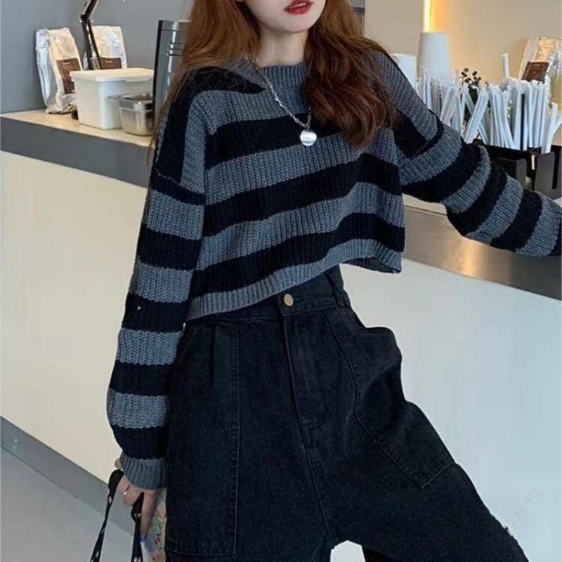Autumn and Winter Women's Retro Style Outerwear Short Knit Sweater Top High Waisted Contrasting Striped Sweater Top