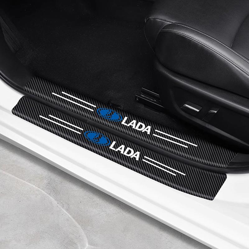 5Pcs Leather Car Door Decals Carbon Fiber Threshold Anti Scratch For Lada Vesta Niva Samara Kalina Largus Priora Xray Granta