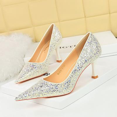 Women's Fashion Banquet High Heels Metal Heels, High Heels Shallow Mouth, Pointed Toe, Shining Shining Sheep Cloth Single Shoes